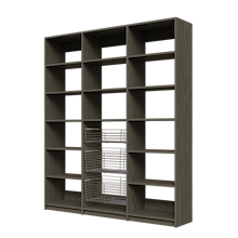 Three sliding storage baskets in 72 inch grey kitchen pantry shelving.