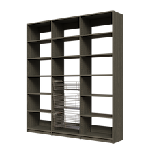 Three chrome wire pull-out baskets in a 75 inch grey reach in pantry.