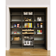 75 inch grey kitchen shelving highlighting the mixed wood drawers and pull-out wire baskets.