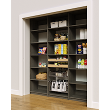 Modern grey 75 inch pantry rack with two wood drawers and two pull-out wire baskets.
