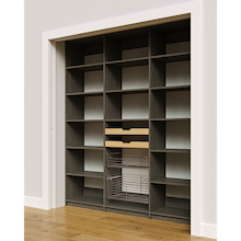 Adjustable storage layout with two wood pull-out drawers and two pull-out wire baskets in a 75 inch grey built-in pantry.