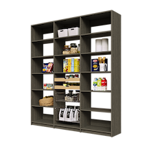 75 inch grey pantry shelving with two wood pull-out drawers, two pull-out wire baskets, and adjustable shelving.