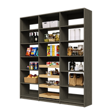 75 inch grey pantry shelving with four sliding wood drawers and adjustable shelving.