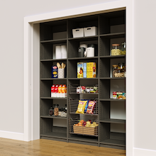 Modern grey 75 inch pantry rack storage with three wire storage baskets.