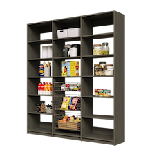 75 inch grey pantry storage with three sliding wire baskets and adjustable shelving.