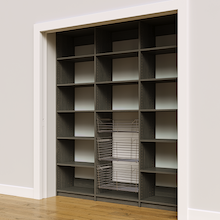 75 inch grey adjustable storage layout with three wire baskets in a pantry unit.
