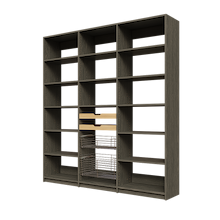 Two wood pull-out drawers and two pull-out wire baskets featured in 78 inch grey pantry shelving.