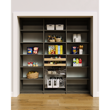 Modern grey 78 inch pantry food storage with adjustable shelves and two wood drawers and two pull-out wire baskets.