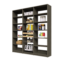 78 inch grey pantry shelving with two wood pull-out drawers and two pull-out wire baskets for large reach in storage.