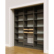 Two wood pull-out drawers and two pull-out wire baskets in 78 inch grey kitchen pantry shelving.