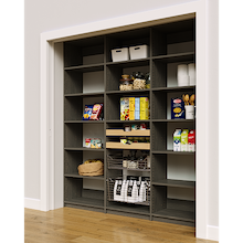 Reach in pantry racks in grey with 78 inch width, two wood drawers, and two pull-out wire baskets.