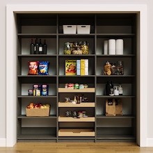 Modern grey 78 inch pantry food storage with adjustable shelves and four wood pull-out drawers.