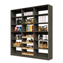 78 inch grey pantry shelving with four wood pull-out drawers for food storage.