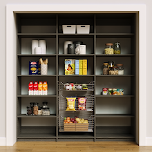 Modern grey 78 inch pantry food storage with adjustable shelves.