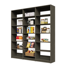 78 inch grey pantry shelving with three wire baskets for wide reach in kitchen storage.