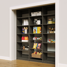 Reach in pantry racks in grey with 78 inch width and three wire baskets.