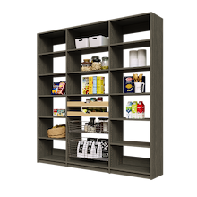 Large 81 inch grey pantry shelving with two wood pull-out drawers and two pull-out wire baskets.
