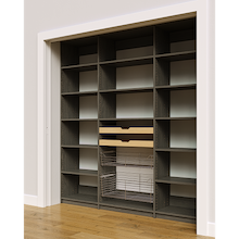 81 inch grey pantry storage layout with wood pull-out drawers and pull-out wire baskets.