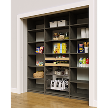 Vertical pantry shelves in grey with an 81 inch width, two wood drawers, and two pull-out wire baskets.