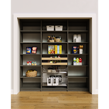 81 inch grey vertical pantry shelving with adjustable shelves featuring wood drawers and pull-out wire baskets.