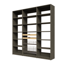 Two wood pull-out drawers and two pull-out wire baskets in 81 inch grey pantry shelving for dry goods.