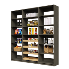 Large 81 inch grey pantry shelving with four sliding wood drawers.