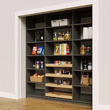 81 inch vertical grey pantry shelves width and four wood pull-out drawers.