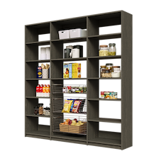 Large 81 inch grey pantry shelving with three wire baskets for food storage.