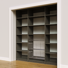 81 inch grey pantry storage shelving with sliding wire baskets.