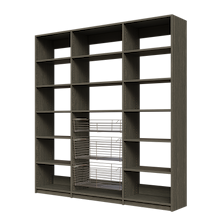 Three pull-out wire baskets in an 81 inch grey pantry storage for dry goods.