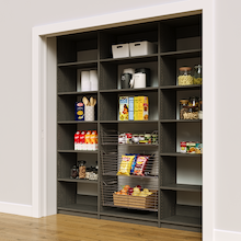 81 inch vertical kitchen pantry shelves in grey with three wire pull-out baskets.