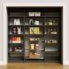 81 inch grey vertical pantry shelving with pull-out baskets for dry goods and jars.