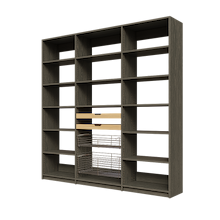 Two wood pull-out drawers and two pull-out wire baskets in an 84 inch grey kitchen pantry.
