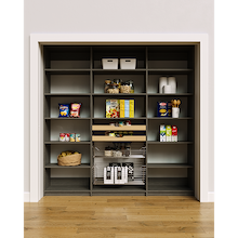 Grey 84 inch pantry shelf layout focusing on the twin wood drawer and pull-out wire basket inserts.
