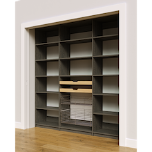 84 inch grey pantry shelving with two wood drawers and two pull-out wire baskets.