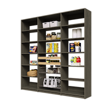 84 inch grey pantry storage with two wood drawers and two pull-out wire baskets for wall organization.