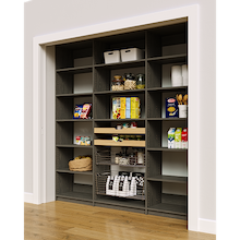 Sturdy 84 inch grey reach in pantry shelves with two wood pull-out drawers and two pull-out wire baskets.