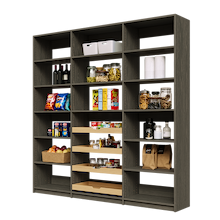 84 inch grey pantry shelving with four wood drawers for kitchen organization.