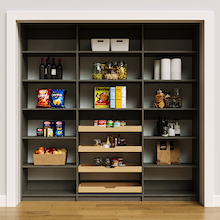 84 inch grey pantry shelf for organizing bulk food and pots.
