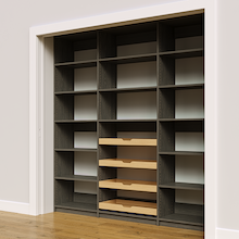 84 inch grey pantry shelving with four wood pull-out drawers.