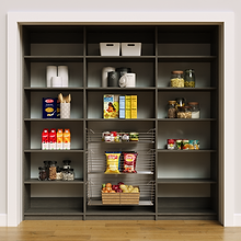 Modern grey 84 inch pantry kit for organizing bulk food and pots.
