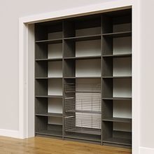 Profile of 84 inch grey pantry shelving with wire pull out drawers.
