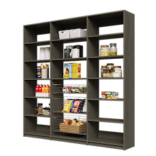 84 inch grey pantry storage with three wire baskets for kitchen organization.