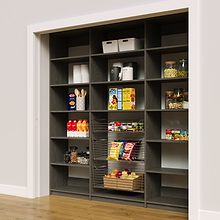 Sturdy 84 inch grey reach in pantry shelves with three wire pull-out baskets.