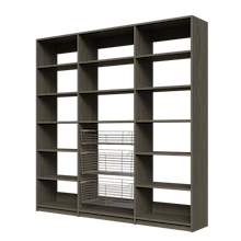 Three sliding wire baskets in an 84 inch grey kitchen pantry.