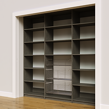 87 inch grey kitchen pantry shelves with adjustable shelves and wire baskets.