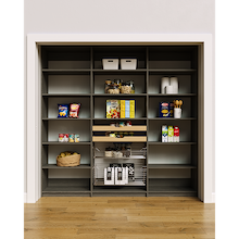 Grey 87 inch adjustable pantry shelving featuring a layered mix of wood drawers and pull-out wire baskets.