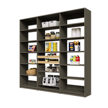 87 inch grey pantry shelving layout with two wood pull-out drawers and two pull-out wire baskets.