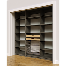 Adjustable shelf details, two wood drawers, and two pull-out wire baskets on 87 inch grey pantry shelving.