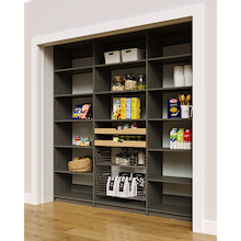 High capacity 87 inch grey reach in pantry racks with two wood drawers and two pull-out wire baskets.